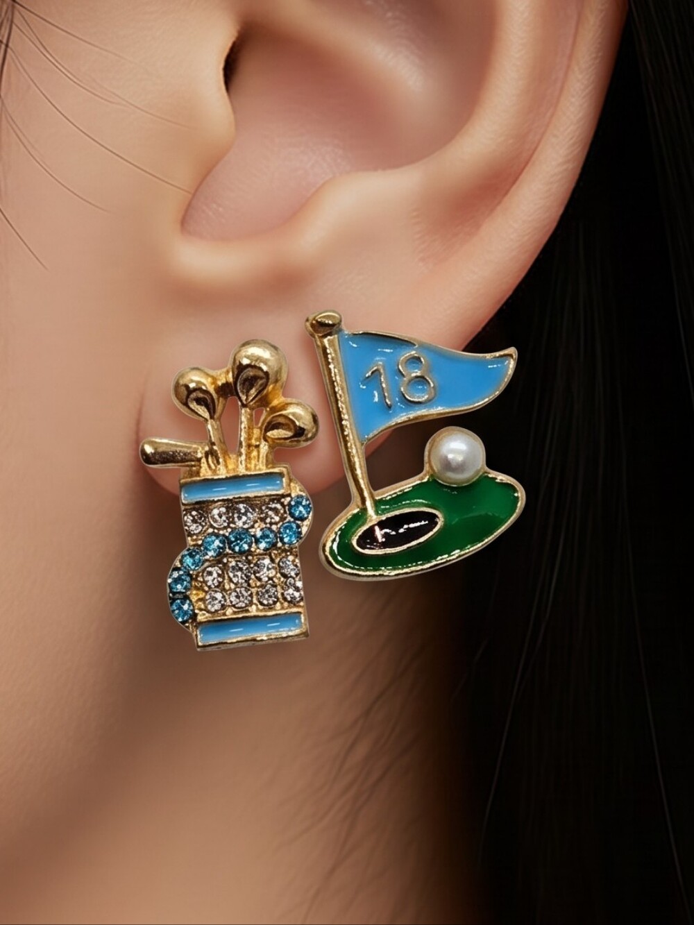 Golf Earrings ⛳️ Blue Gold Rhinestone Pearl Lady Golfer 18th Hole Flag Caddy Bag